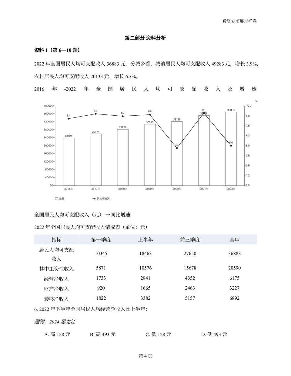 数资专项样卷题本,展示统计图、数据表格与资料分析题目
